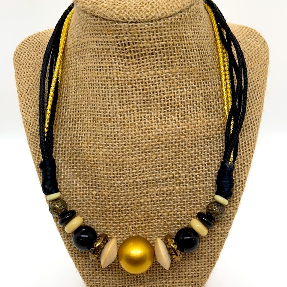 Vintage Womens 1980's Beaded Gold and Black Necklace